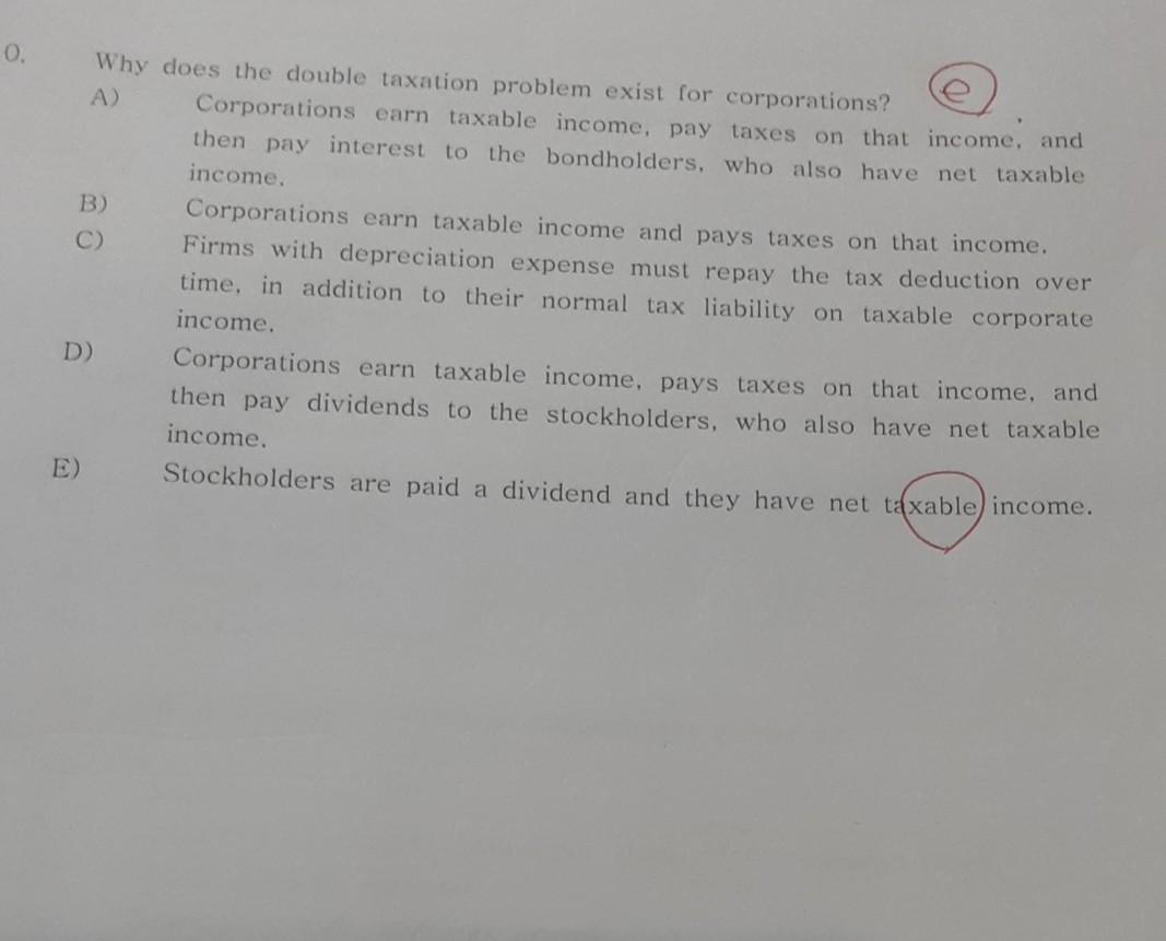 0. Why does the double taxation problem exist for corporations? A)
