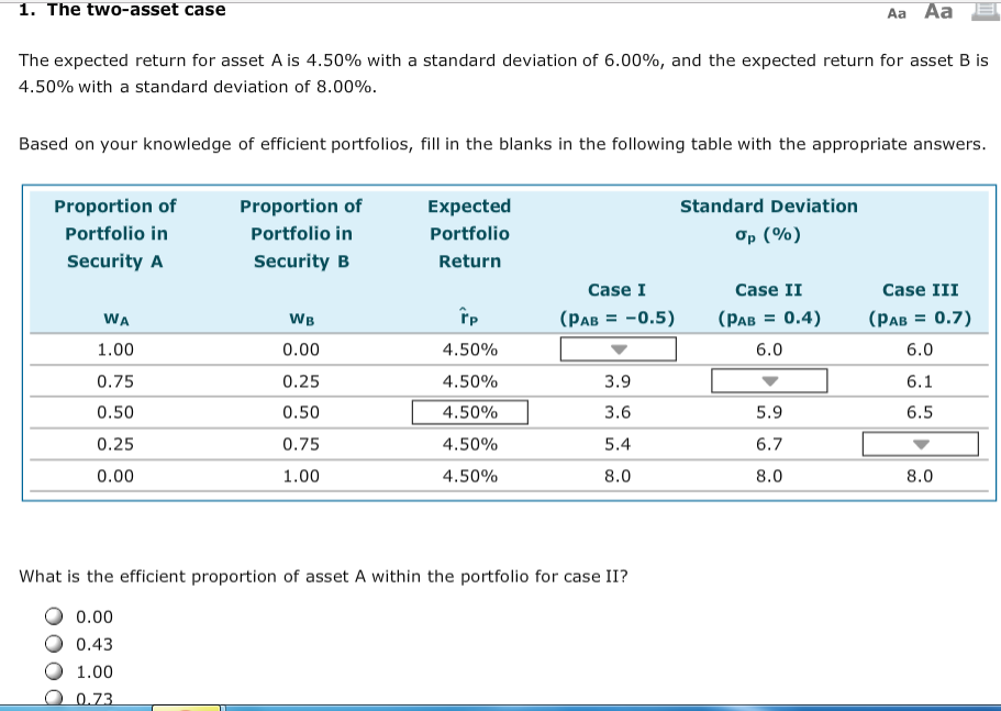  Aa Aa 1. The two-asset case The expected return for asset