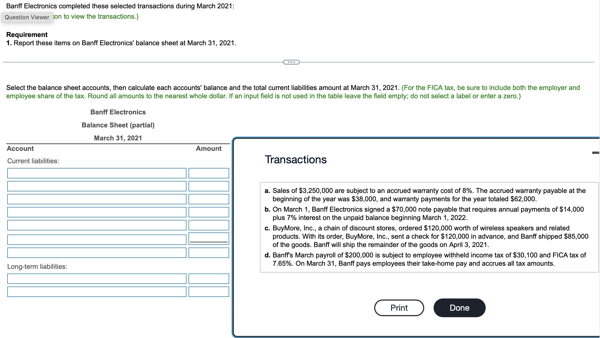  Banff Electronics completed these selected transactions during March 2021: Question Viewer