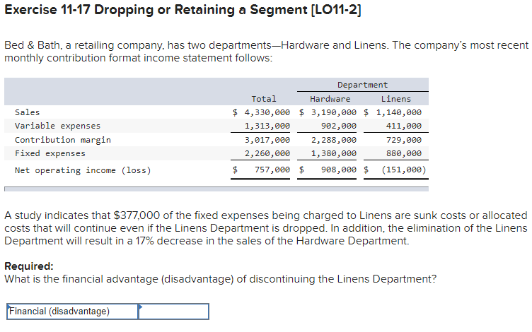  Exercise 11-17 Dropping or Retaining a Segment [L011-2] Bed & Bath,