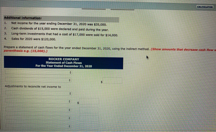 Rocker Company appears below: ROCKER COMPANY Comparative Balance Sheet Dec. 31, 2020