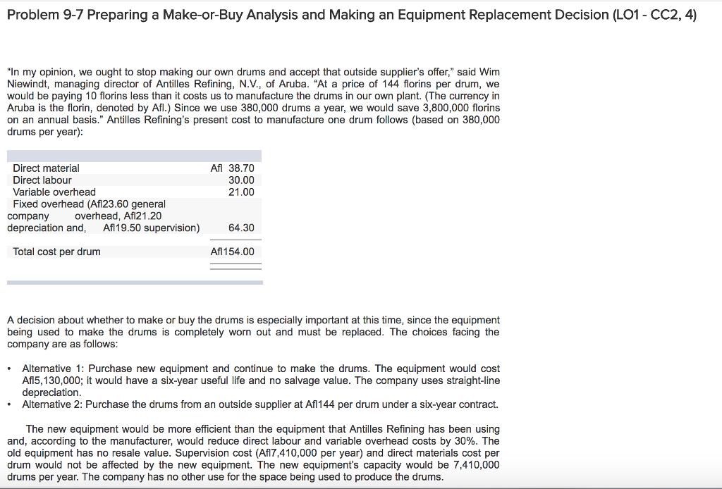 Problem 9-7 Preparing a Make-or-Buy Analysis and Making an Equipment Replacement