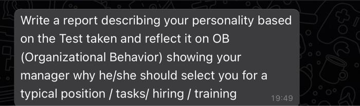  Write a report describing your personality based on the Test taken