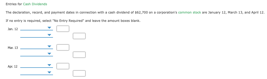  Entries for Cash Dividends The declaration, record, and payment dates in