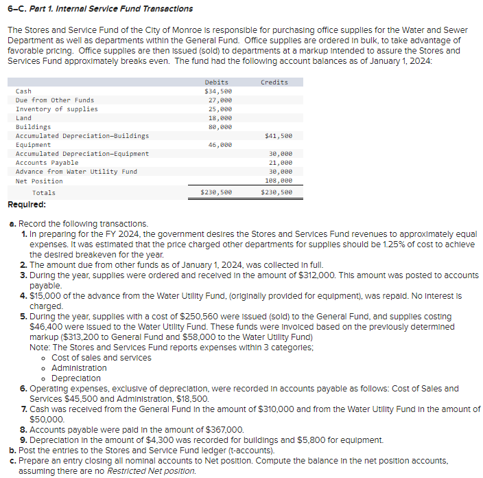  6-C. Part 1. Internal Service Fund Transactions The Stores and Service