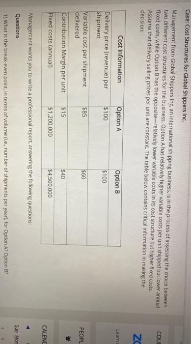 Case: Cost Structures for Global Shippers Inc. Management from Global Shippers