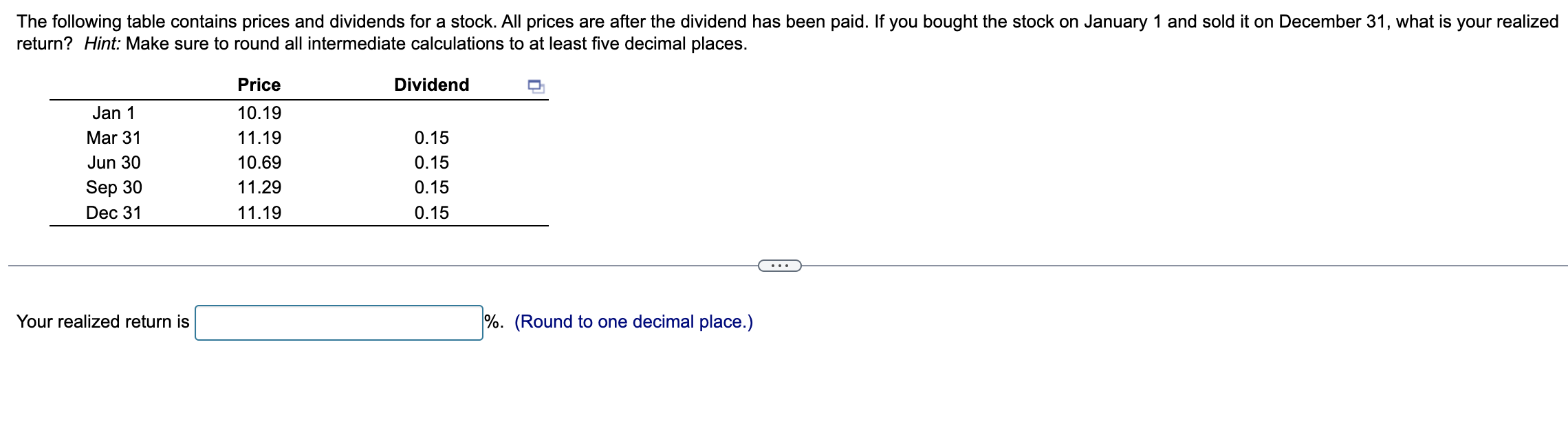  Your realized return is \%. (Round to one decimal place.)
