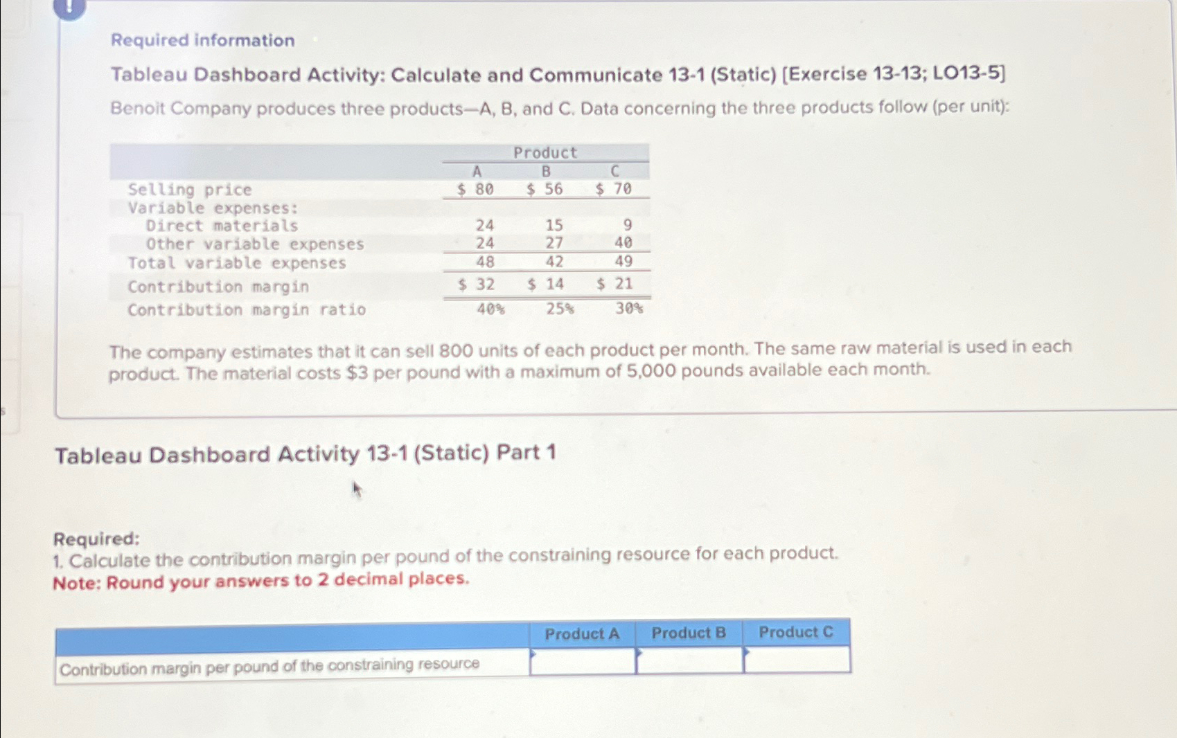  Required information Tableau Dashboard Activity: Calculate and Communicate 13-1(Static)[Exercise 13-13; LO13-5]