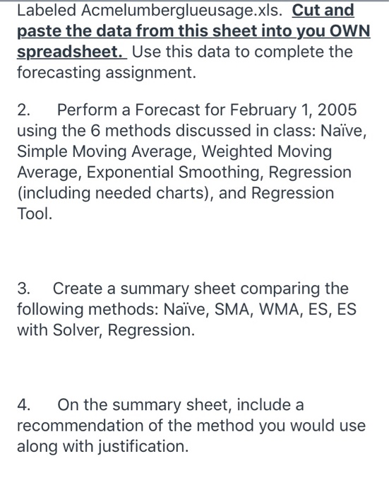  Labeled Acmelumberglueusage.xls. Cut and paste the data from this sheet into