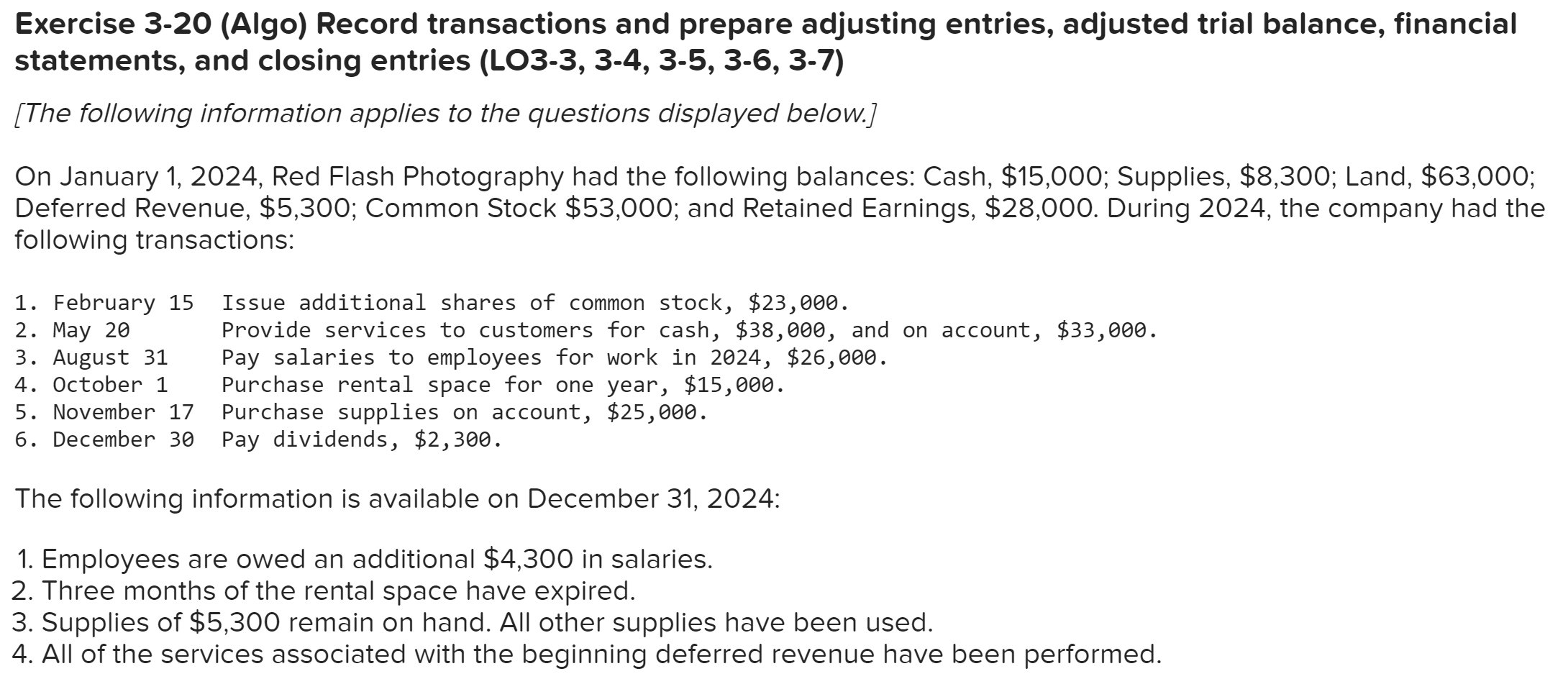 Exercise 3-20 (Algo) Record transactions and prepare adjusting entries, adjusted trial