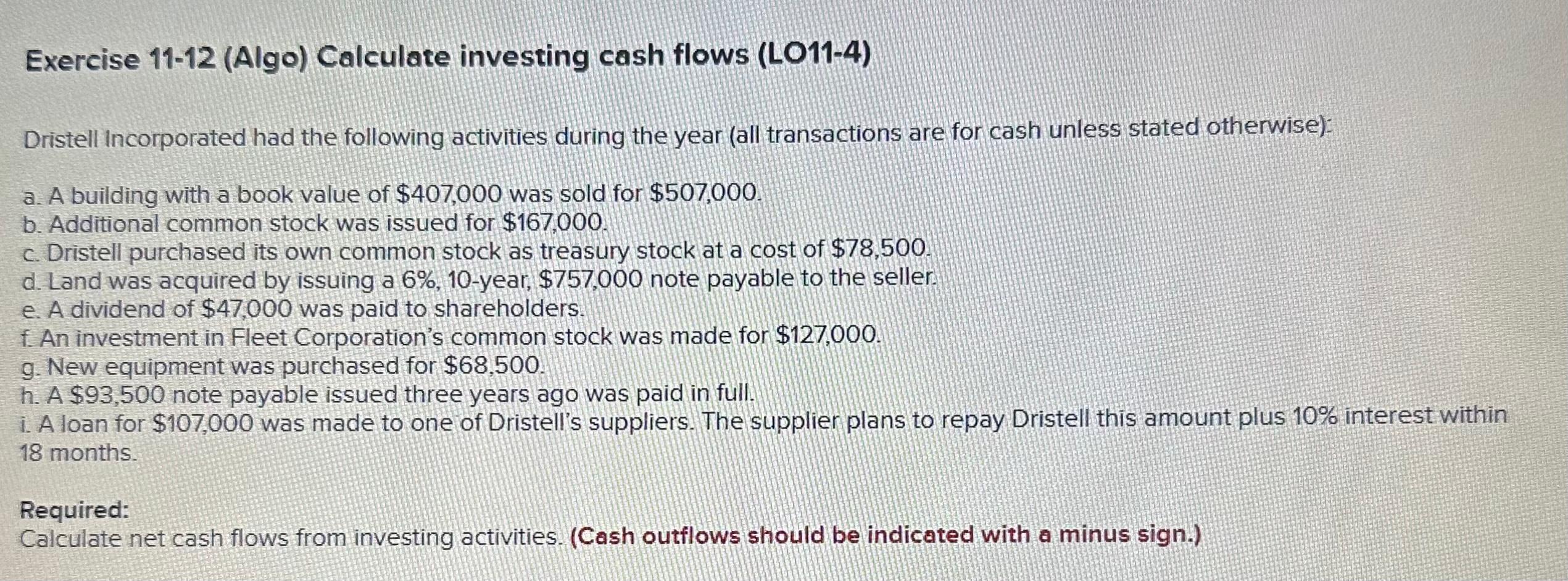  Exercise 11-12 (Algo) Calculate investing cash flows (LO11-4) Dristell Incorporated had