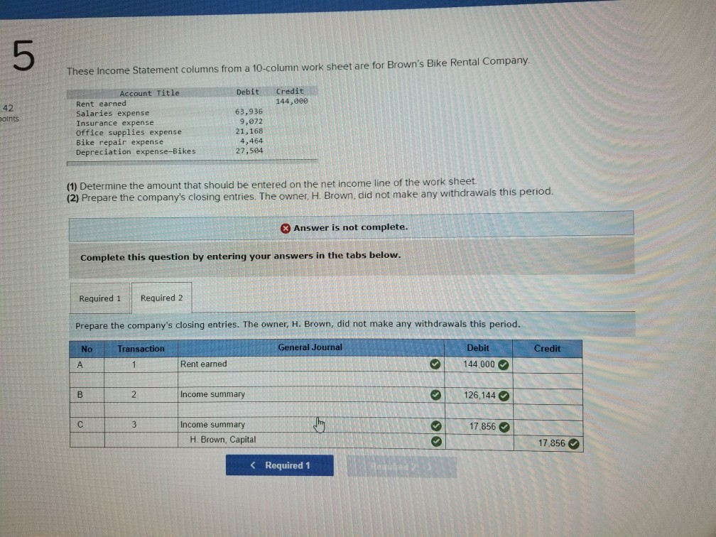  These Income Statement columns from a 10-column work sheet are for