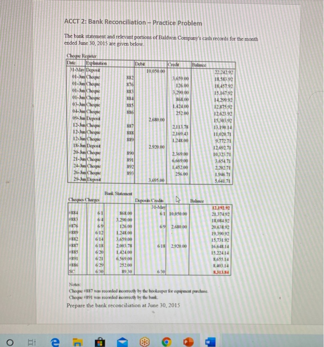  ACCT 2: Bank Reconciliation - Practice Problem The bank statement and