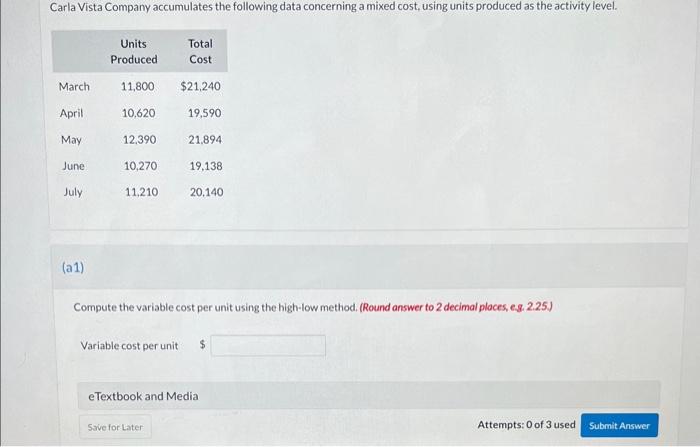  Compute the variable cost per unit using the high-low method. (Round