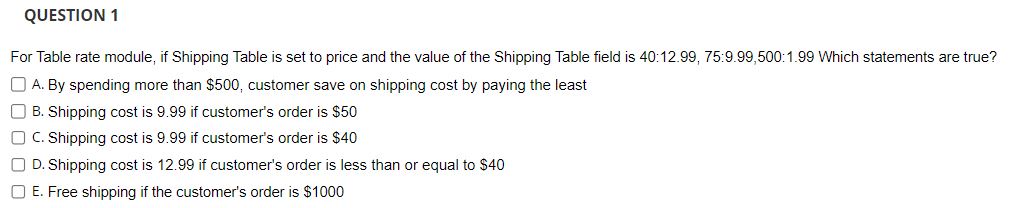  QUESTION 1 For Table rate module, if Shipping Table is set