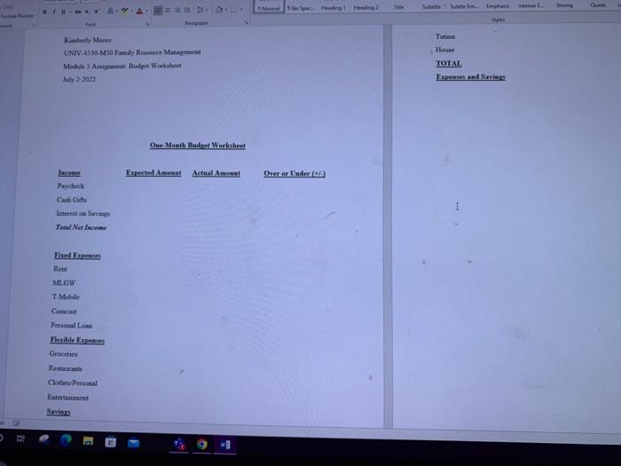 using yourself or someone you know, prepare a one-month work sheet budget.