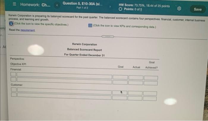  Homework: Ch... Question 5, E10-30A (si... HW Score: 73.75%, 18.44 of