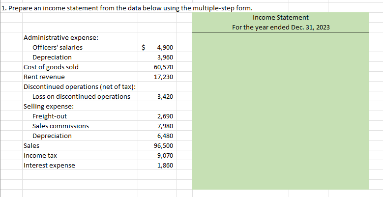 1. Prepare an income statement from the data below using the