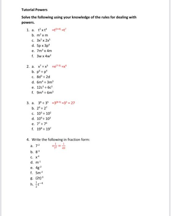  Tutorial Powers Solve the following using your knowledge of the rules