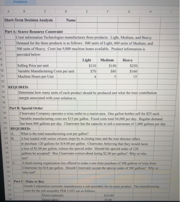  Problems B D E F G H Short-Term Decision Analysis Name