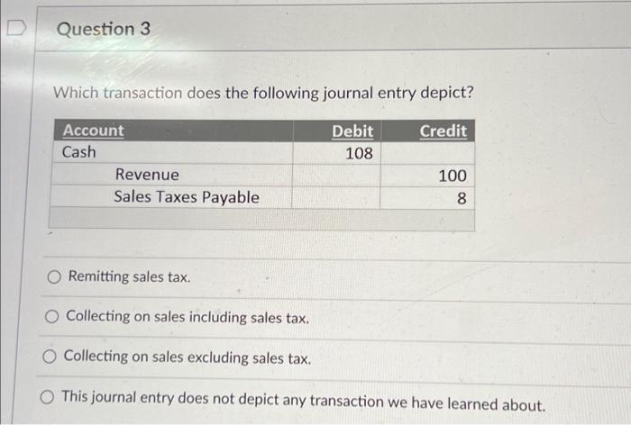  Question 3 Which transaction does the following journal entry depict? Credit