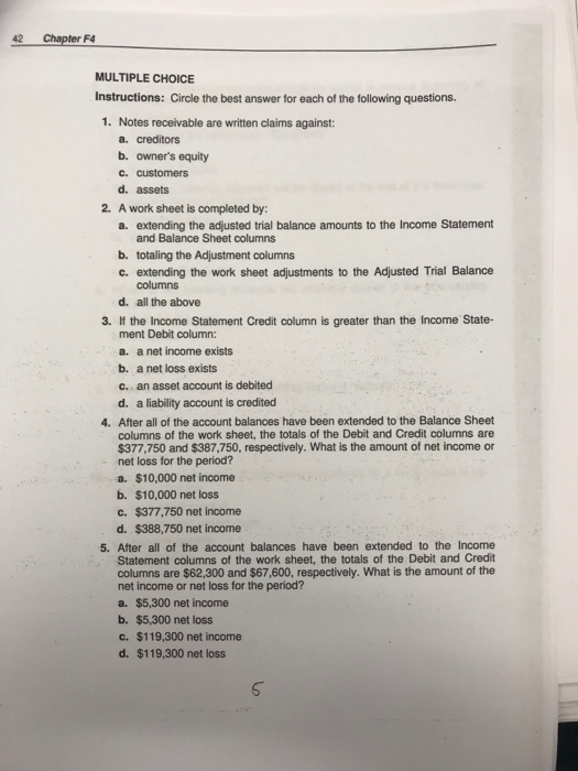  42 Chapter F4 MULTIPLE CHOICE Instructions: Circle the best answer for