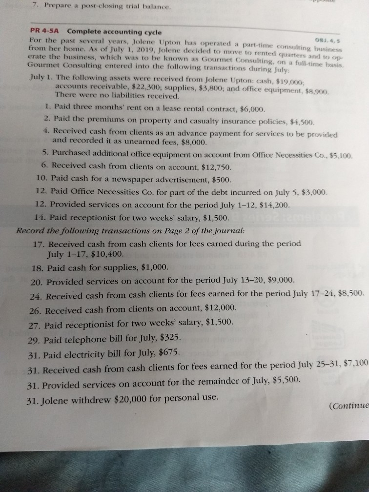 problem 4-5 A page 219-220 7. Prepare a post-closing trial balance.