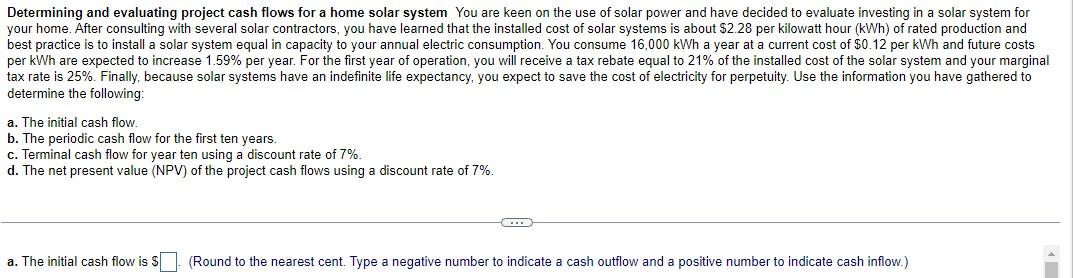 Determining and evaluating project cash flows for a home solar system