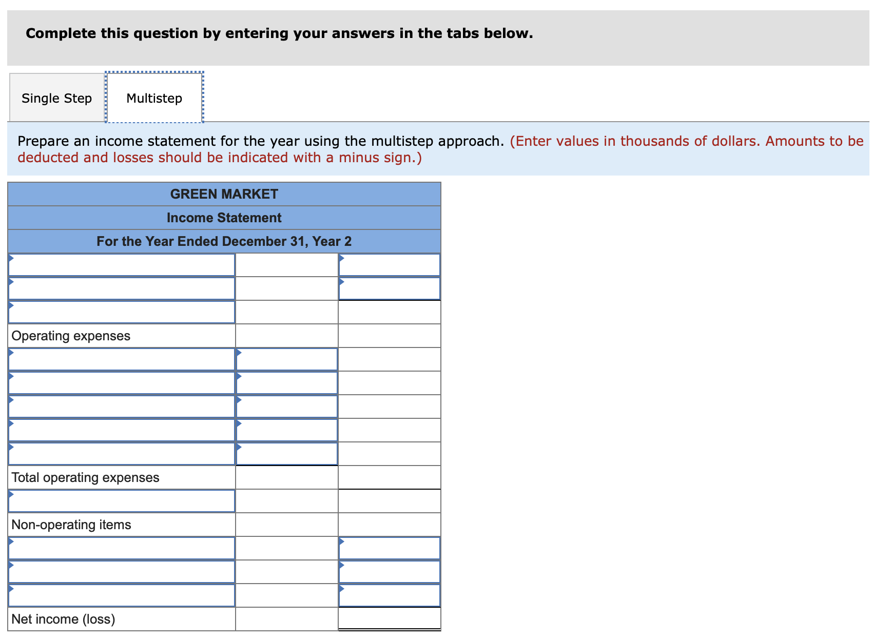 tabs below. Prepare an income statement for the year using the single-step