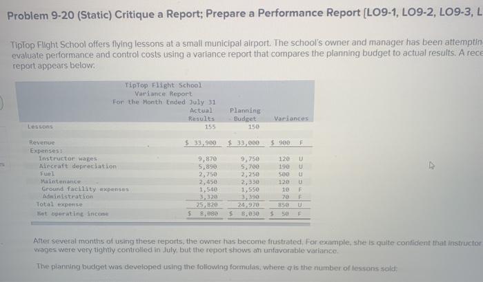  Problem 9-20 (Static) Critique a Report; Prepare a Performance Report (L09-1,