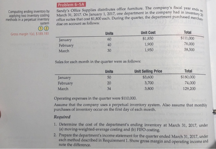  Problem 6-5A Computing ending inventory bySandy's Office Supplies distributes office furniture.