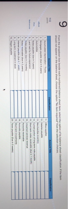  9 From the dropdown box beside each numbered balance sheet item,