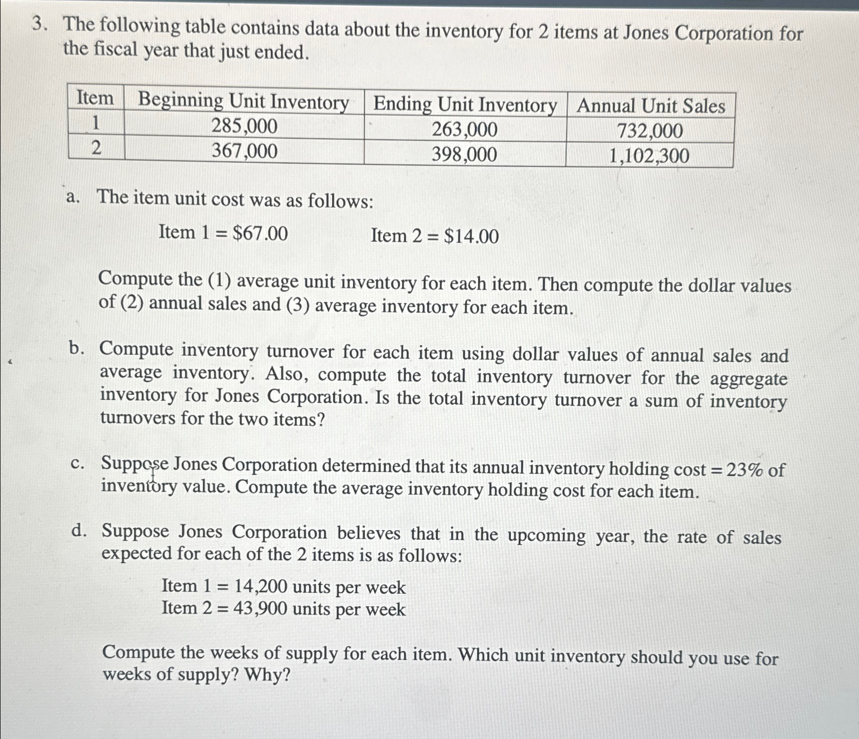  The following table contains data about the inventory for 2 items