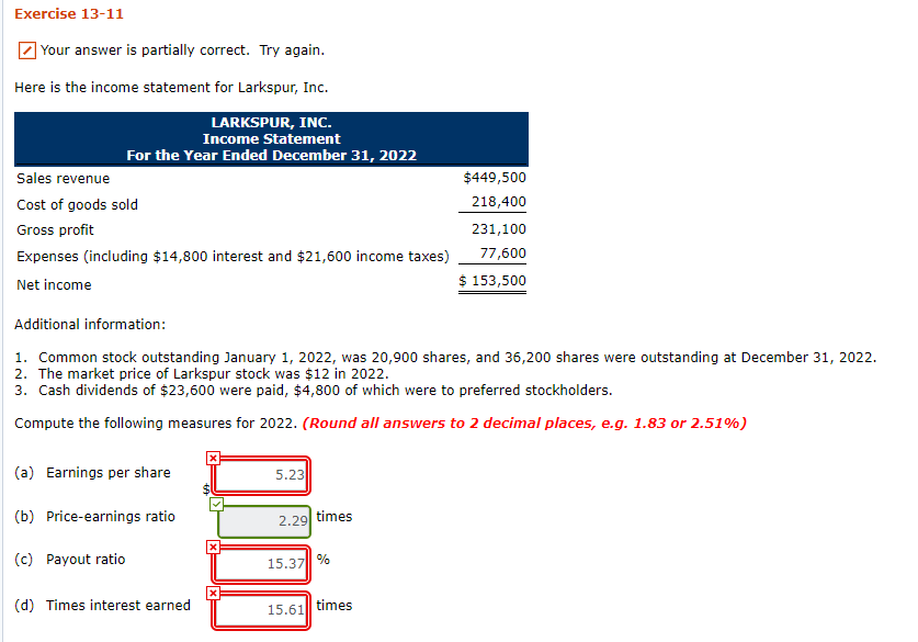  Exercise 13-11 Your answer is partially correct. Try again. Here is