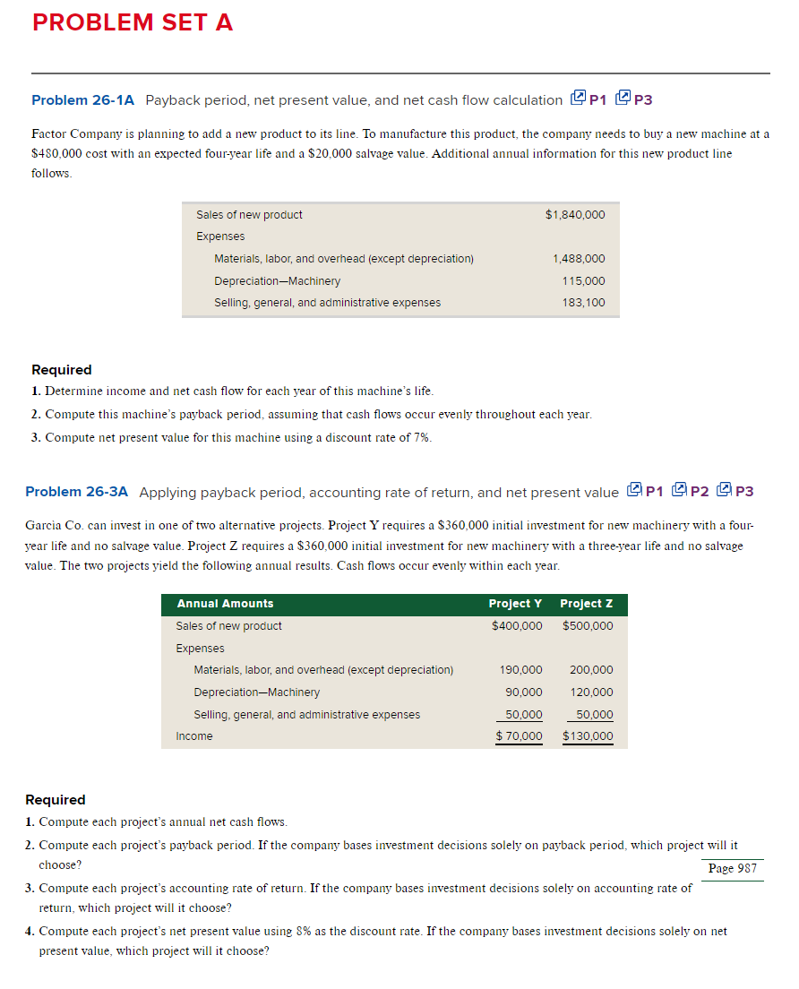  Problem 26-1A Payback period, net present value, and net cash flow