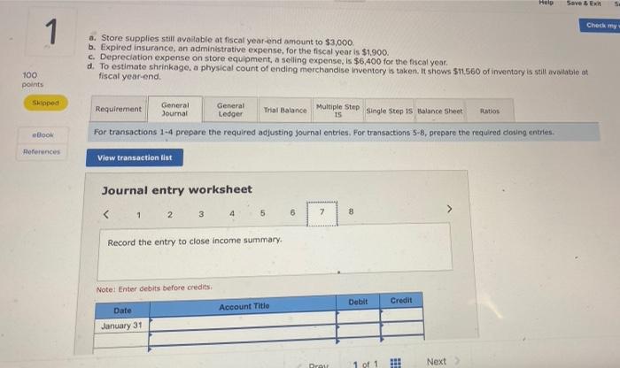 Account Title Debit Credit January 31 View general Journal Record entry Clear