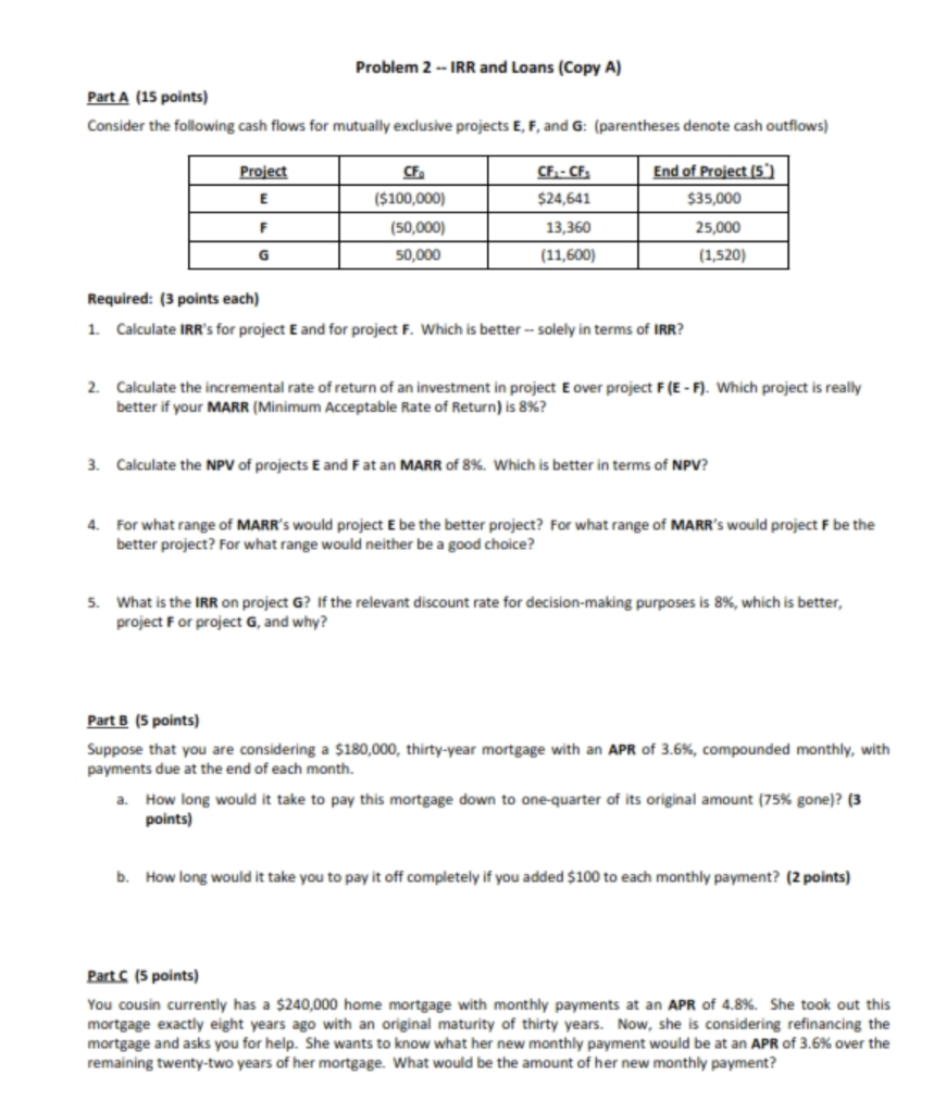 Problem 2 - IRR and Loans (Copy A) Part A (15