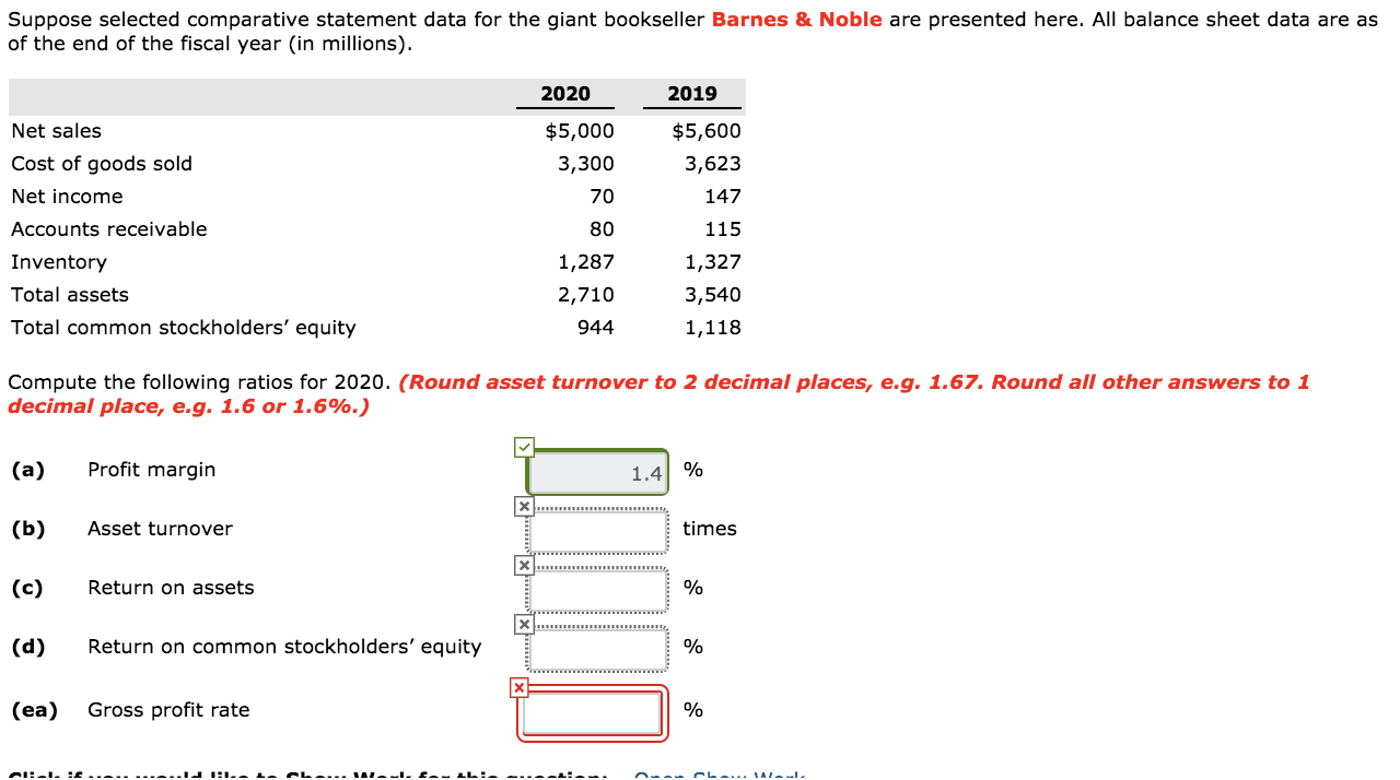 Suppose selected comparative statement data for the giant bookseller Barnes &