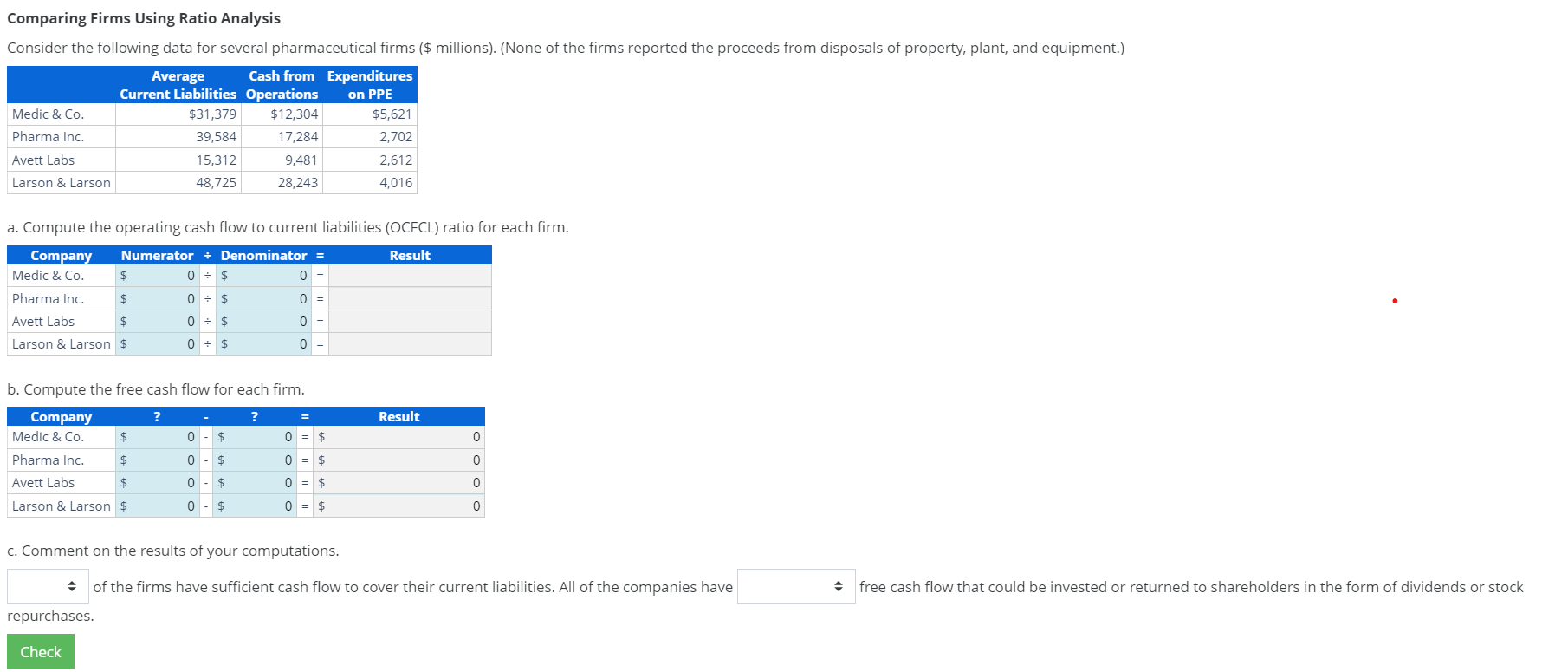  Comparing Firms Using Ratio Analysis Consider the following data for several