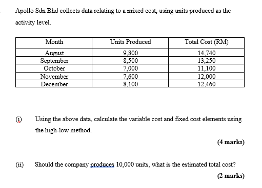  Apollo Sdn Bhd collects data relating to a mixed cost, using
