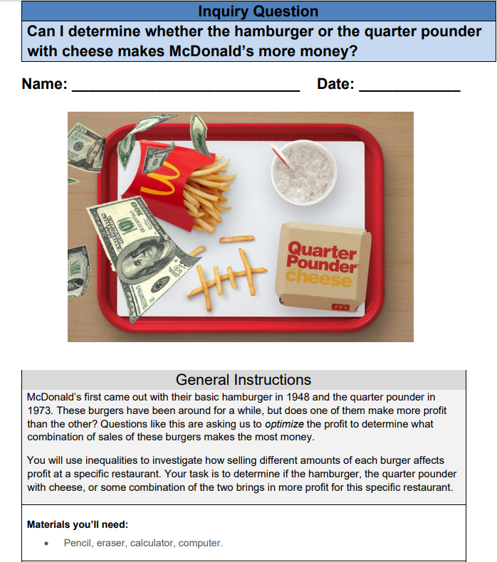 Inquiry Question Can I determine whether the hamburger or the quarter