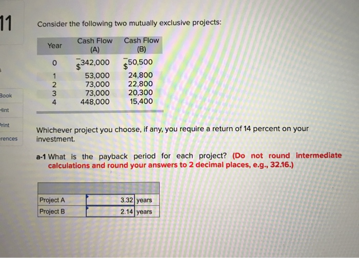  11 Consider the following two mutually exclusive projects: Cash Flow Cash