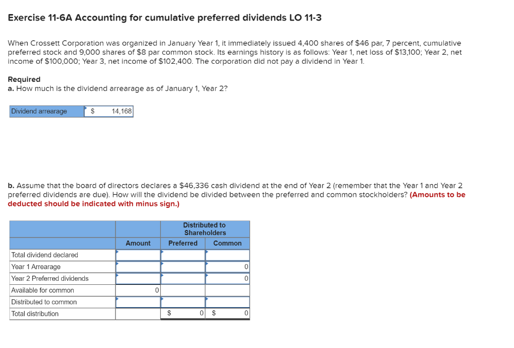  Exercise 11-6A Accounting for cumulative preferred dividends LO 11-3 When Crossett