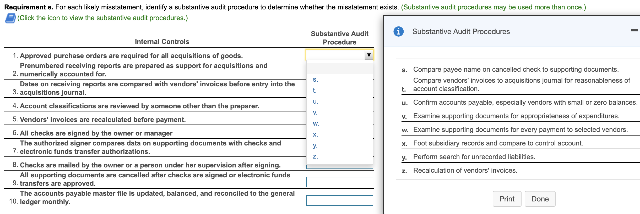Answer all 10 statements with its correct Substantive Audit Procedure. Requirement e.