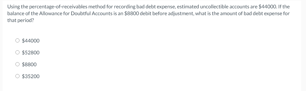 Using the percentage-of-receivables method for recording bad debt expense, estimated uncollectible