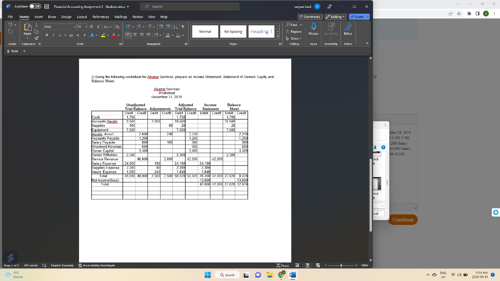 2) Using the following worksheet for Alcazar Services, prepare an Income Statement,