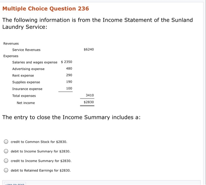  Multiple Choice Question 236 The following information is from the Income