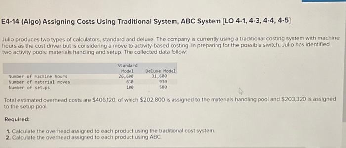  E4-14 (Algo) Assigning Costs Using Traditional System, ABC System [LO 4-1,