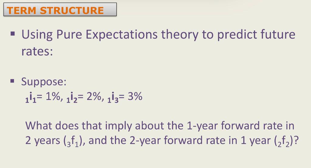  - Using Pure Expectations theory to predict future rates: - Suppose: