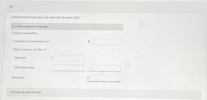 A partially completed production cost report for the month of October for